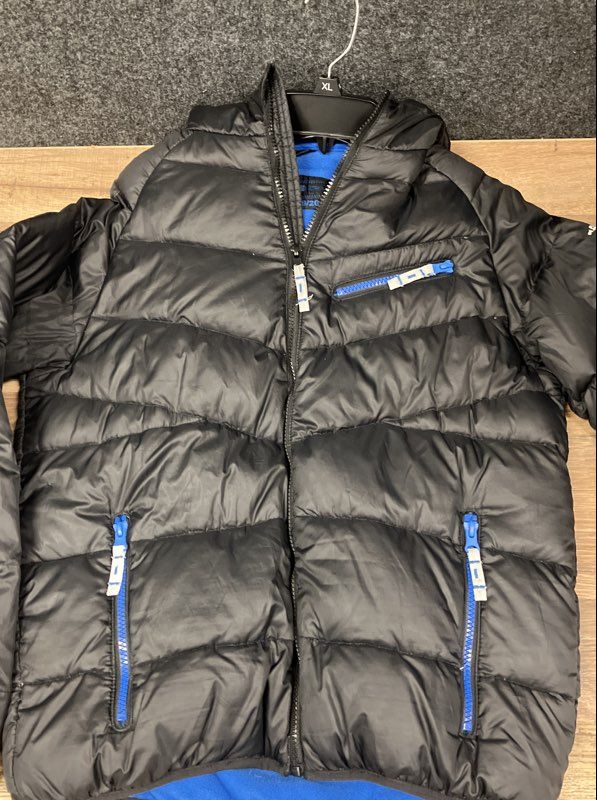 Hawke & Co Sport Boys Puffer Jacket Black Blue Hooded Down Fill Sz 18/20