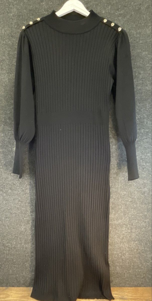 Nanette Lepore Women's Black Ribbed Knit Mock Neck Shoulder Button Dress Sz L