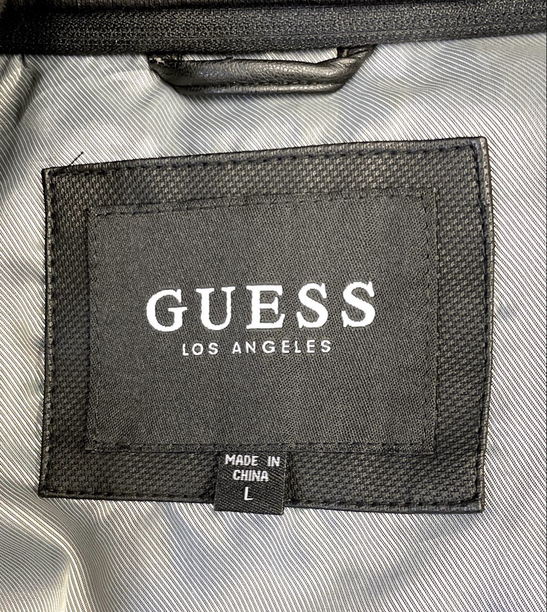 Guess Men's Black Faux Leather Hooded Moto Biker Jacket Quilted Shoulder Sz L