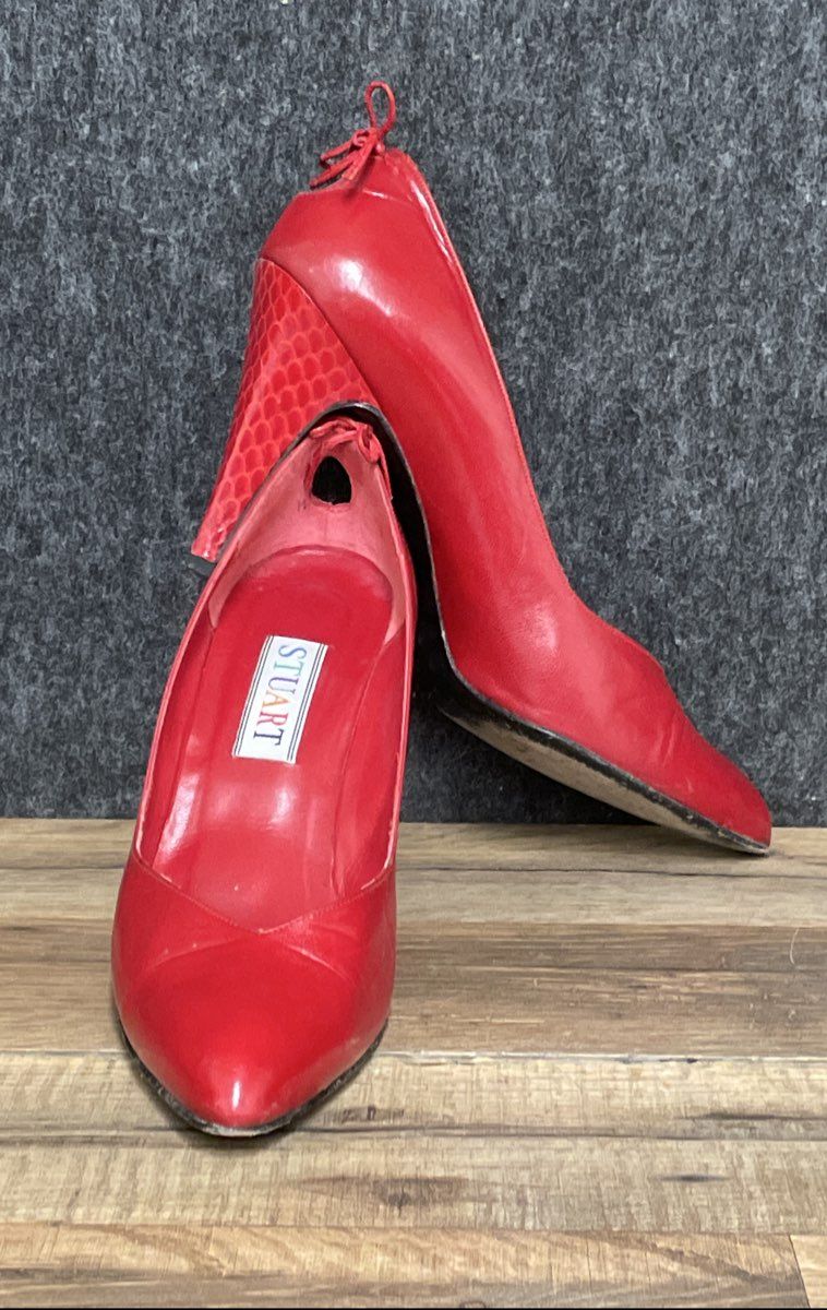 Vintage 80s Stuart Red Leather Pumps Snakeskin Textured Heels Size 8.5 M