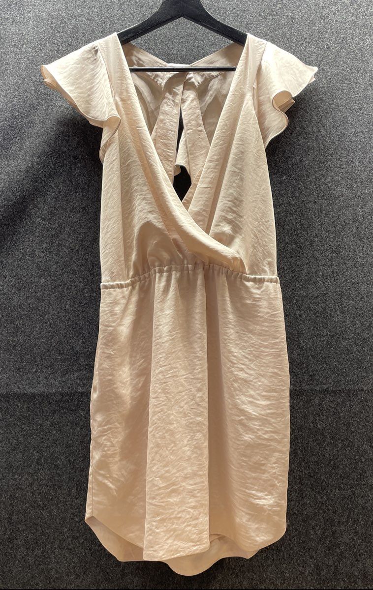 BCBGeneration Women's Meringue Beige Surplice Ruffle Mini Dress Sz M NWT