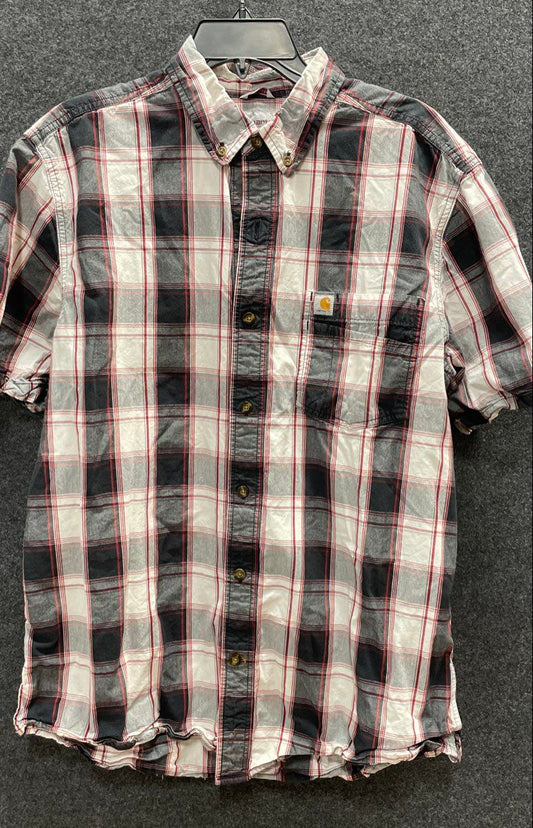 Carhartt Men's Black White Red Plaid Short Sleeve Button Down Cotton Shirt Sz L