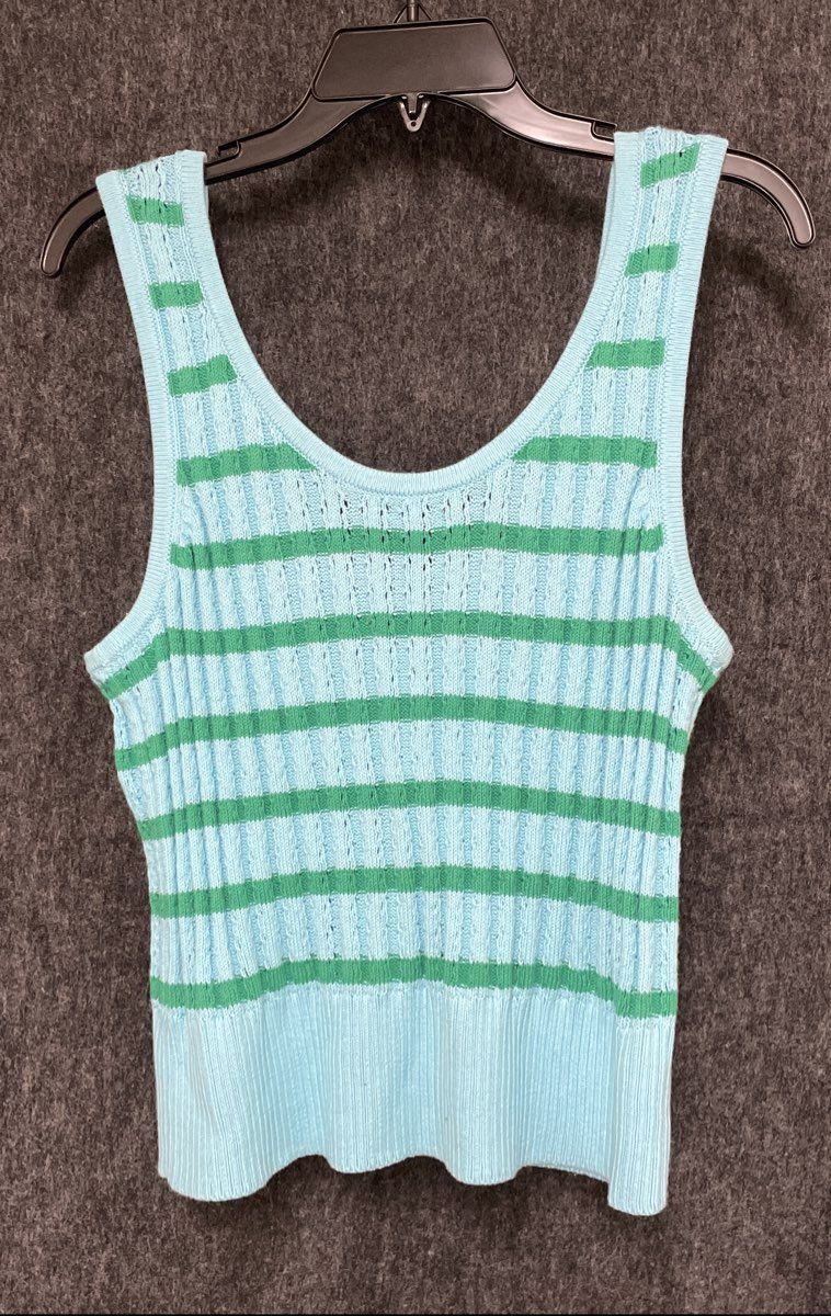 Talbots Women's Light Blue Green Striped Ribbed Cotton Sweater Tank Top Sz L