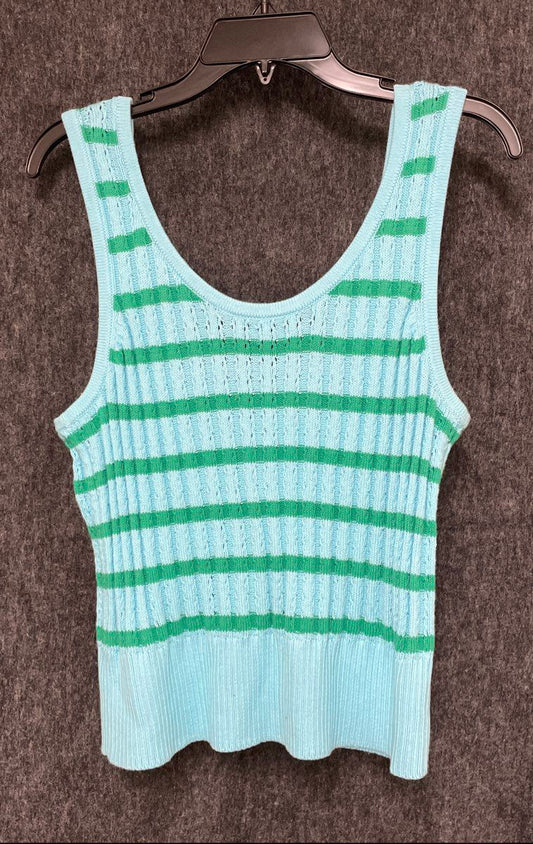 Talbots Women's Light Blue Green Striped Ribbed Cotton Sweater Tank Top Sz L
