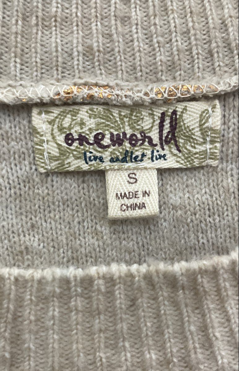 Oneworld Women's Cream Gold Foil Damask Knit Crew Neck Sweater Size S