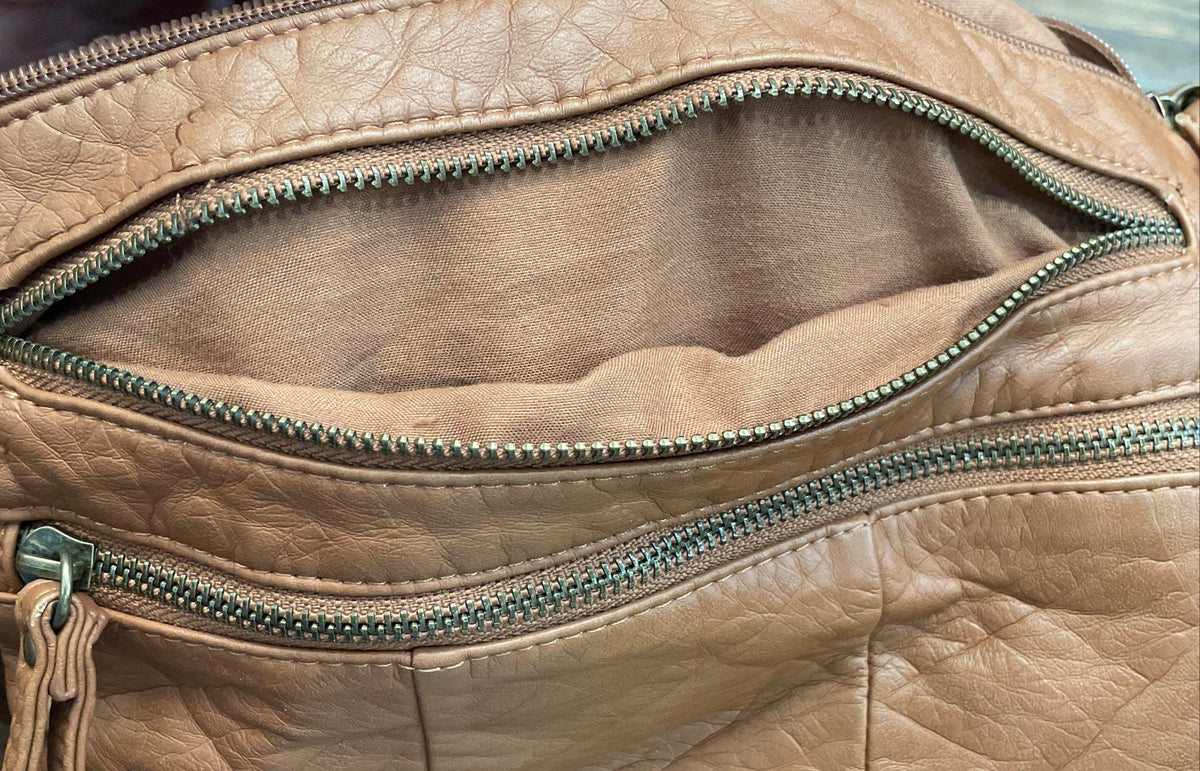 Bueno Brown Leather Multi-Pocket Crossbody Shoulder Bag Bronze Hardware