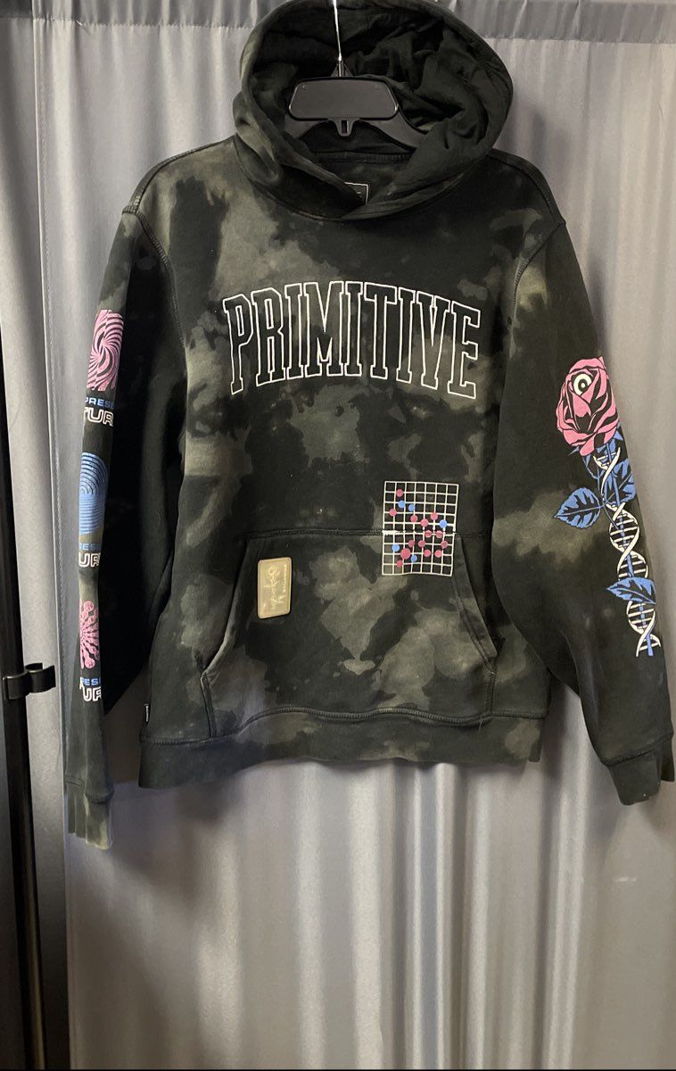 Primitive Men's Black Acid Wash Graphic Rose DNA Pullover Hoodie Sz M