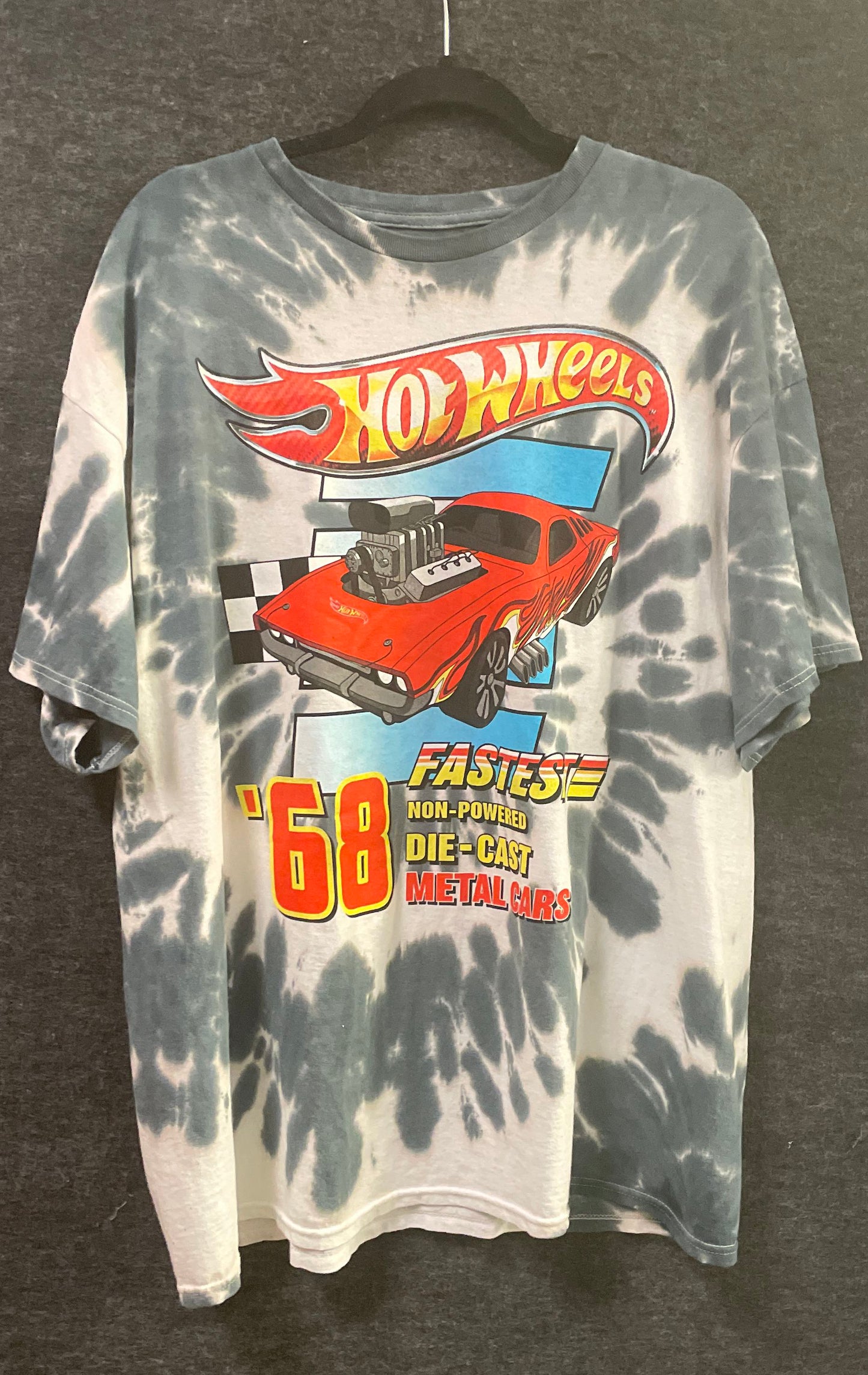 Hot Wheels Men's Gray White Tie Dye Graphic Red Muscle Car 68 Cotton T-Shirt XL