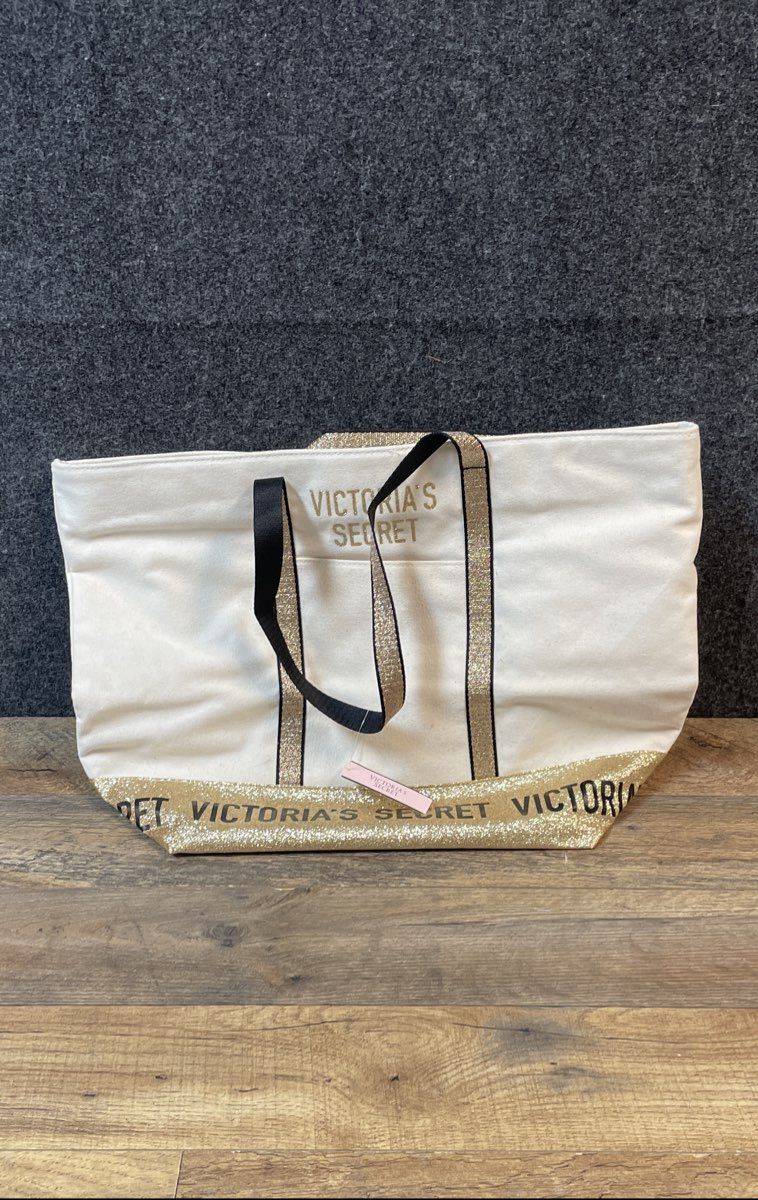 Victoria's Secret Cream Gold Glitter Canvas Large Tote Shoulder Bag Handbag NWT