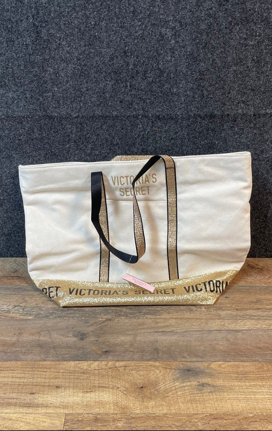Victoria's Secret Cream Gold Glitter Canvas Large Tote Shoulder Bag Handbag NWT