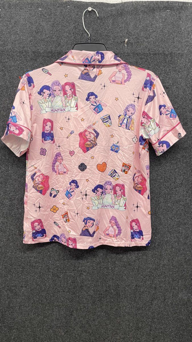 Huntrix K-Pop Demon Hunters Women's Pink Pajama Top Short Sleeve Button Up Sz S