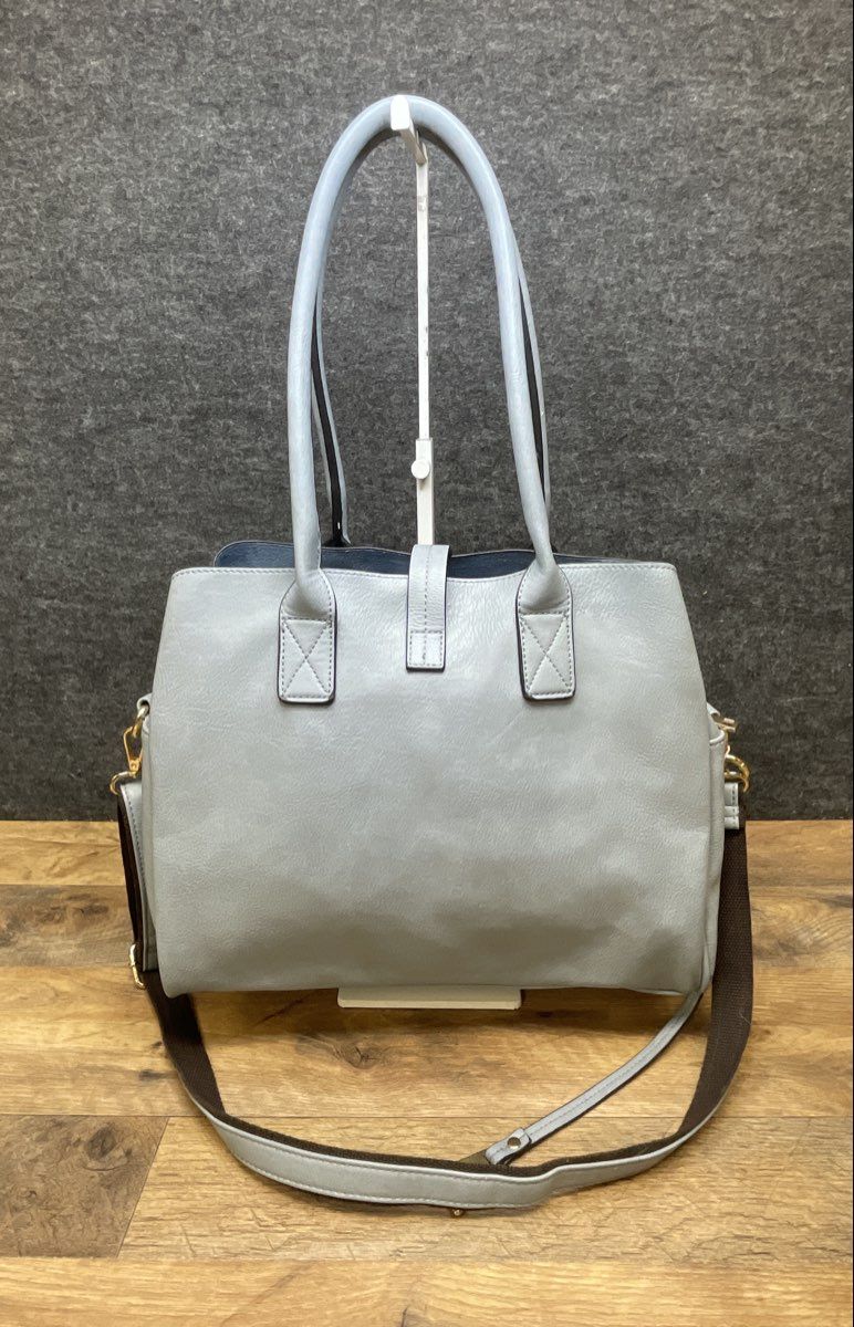 Mellow World Dusty Blue Faux Leather Triple Compartment Tote Bag Gold Hardware