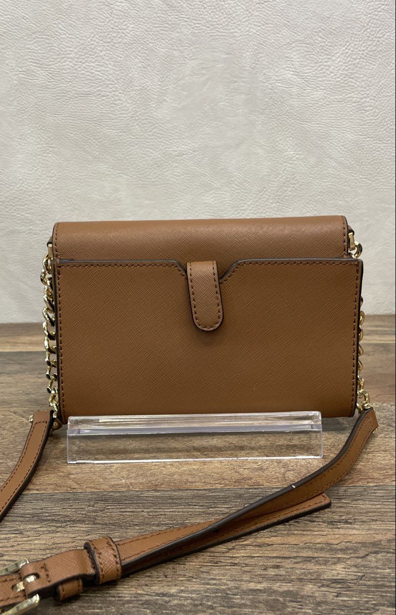 Michael Kors Brown Saffiano Leather Crossbody Bag Gold Hardware Wallet on Chain