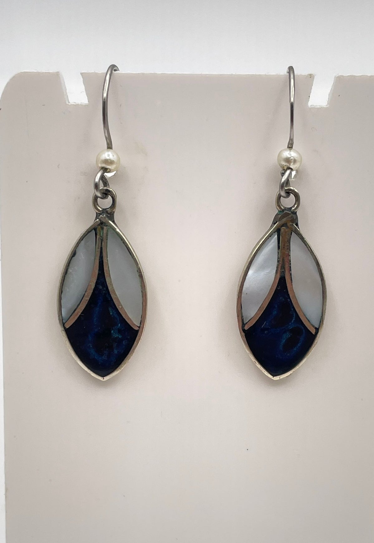Alpaca Silver MOP Lapis Lazuli Inlay Pearl Accent Earrings Mexico Marked 2.8g