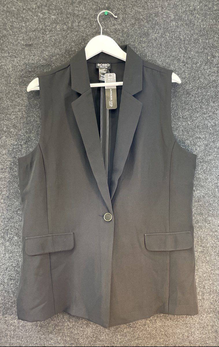 SOHO Apparel Women's Black Knit Sleeveless Vest Blazer Single Button NWT Sz L