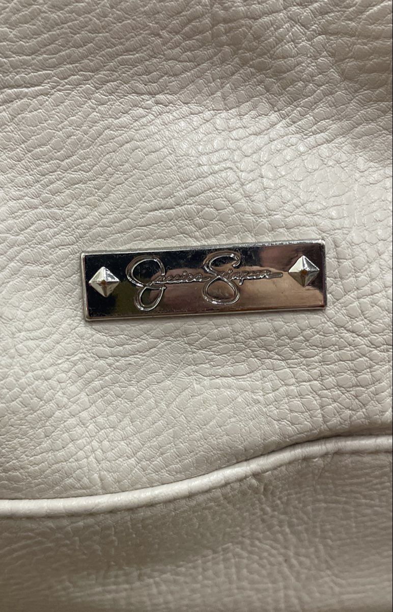 Jessica Simpson White Pebbled Leather Satchel Handbag Silver Hardware