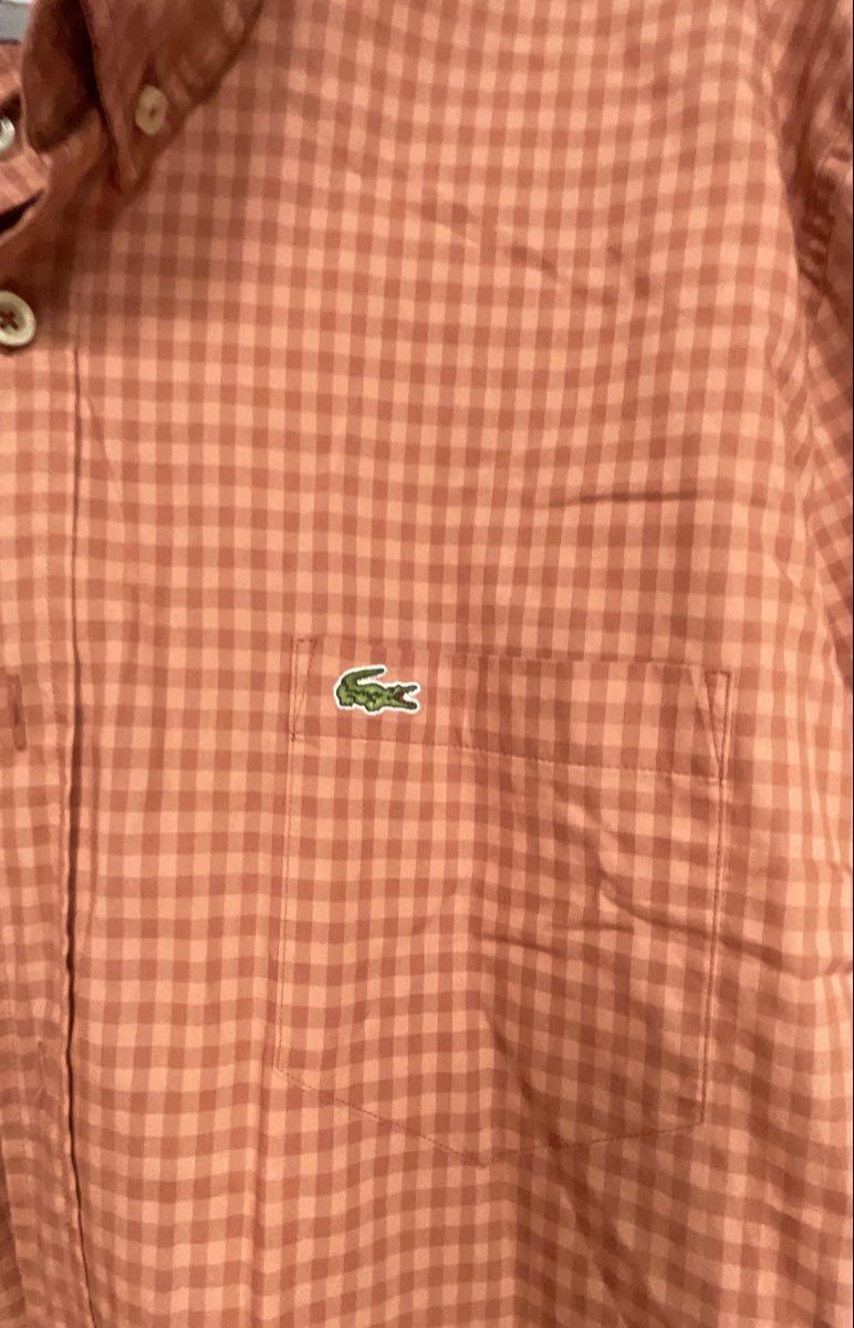 Lacoste Men's Orange Gingham Regular Fit Long Sleeve Button Down Shirt Sz 2XL