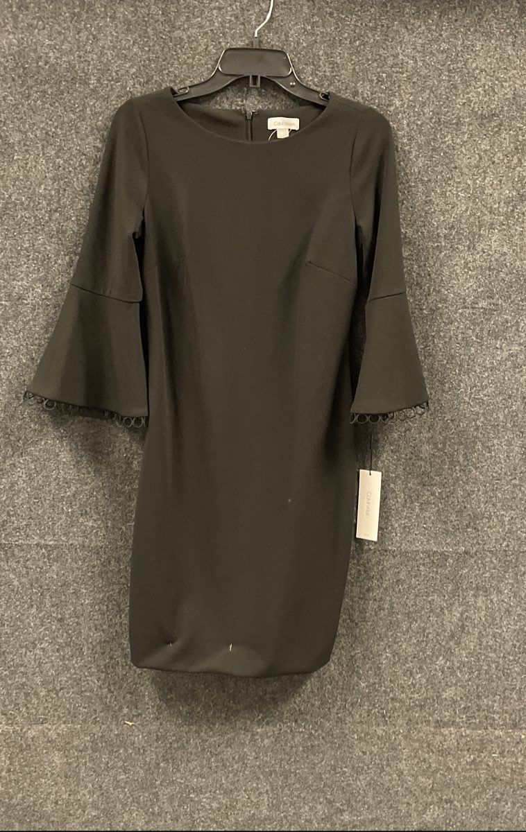 Calvin Klein Women's Black Bell Sleeve Sheath Dress Crochet Trim Sz 6 NWT