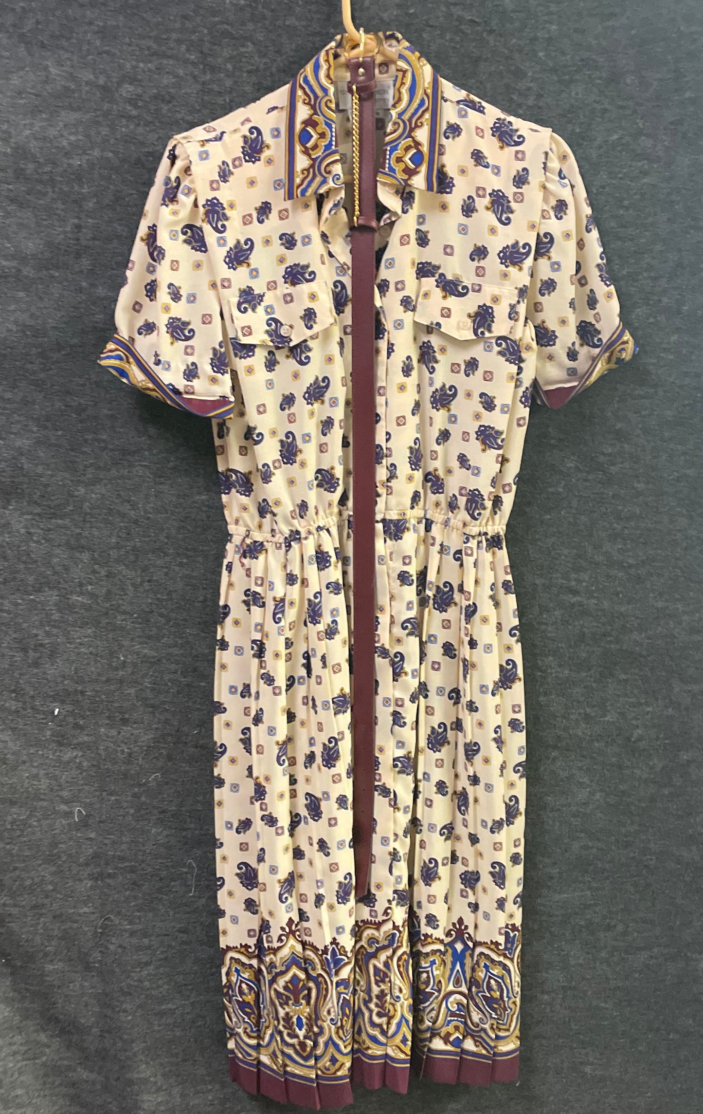 Vintage 90s Schrader Petite Women's Paisley Pleated Belted Shirt Dress Sz 10