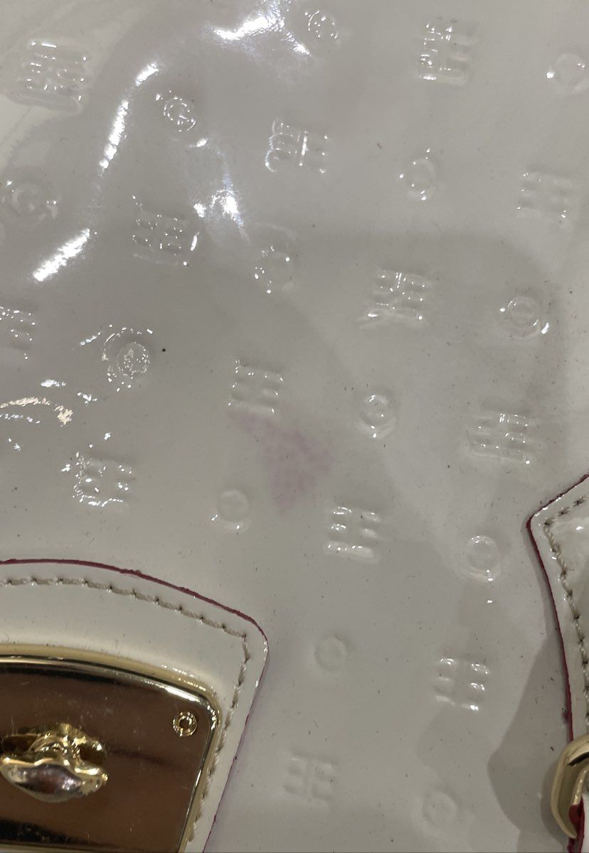Arcadia White Monogram Embossed Patent Leather Satchel Handbag Gold Hardware