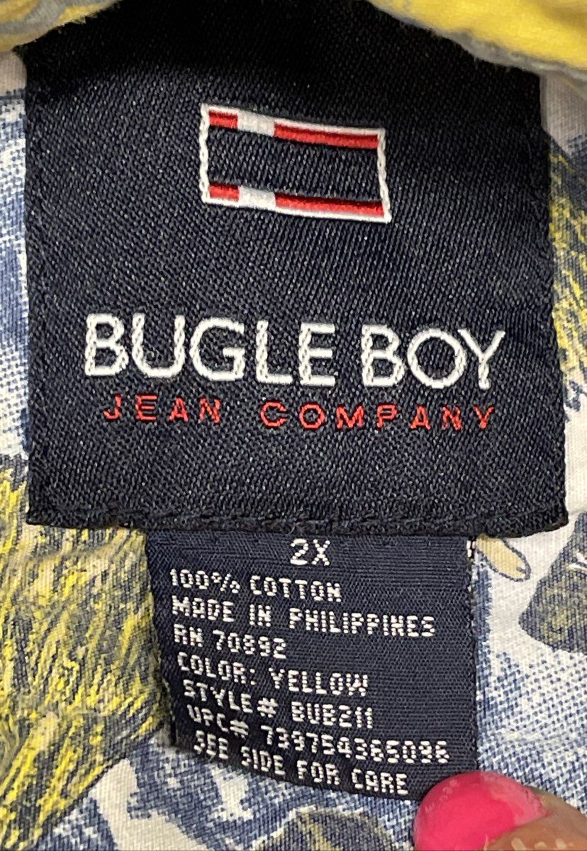 Vintage 90s Bugle Boy Men's Yellow Blue Plaid Graphic Button Down Shirt 2X
