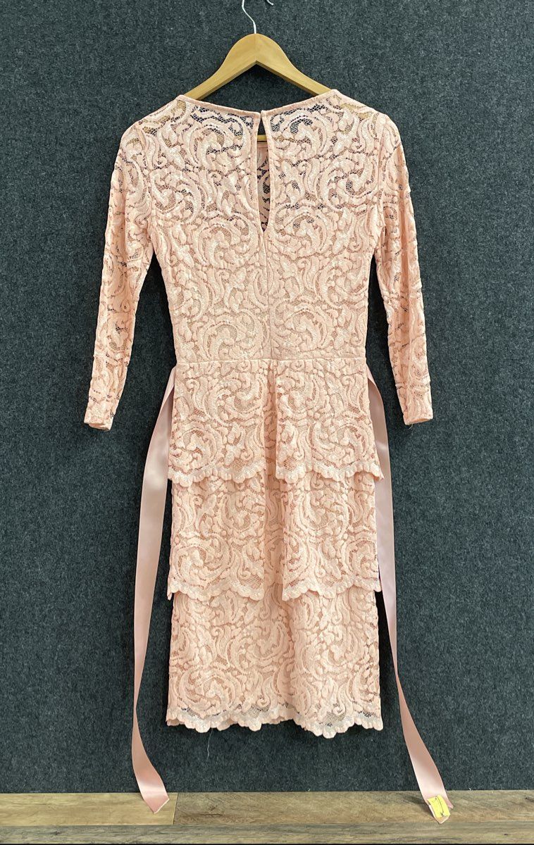 Marina Women's Peach Pink Lace Tiered Long Sleeve Sash Dress Sz 4