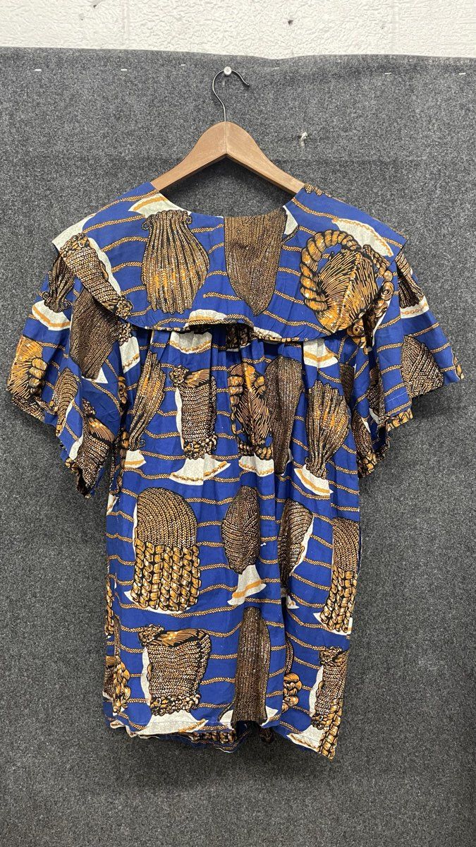 Vintage 90s The African Village Women's Blue Ruffle Button Front Kaftan Dress OS