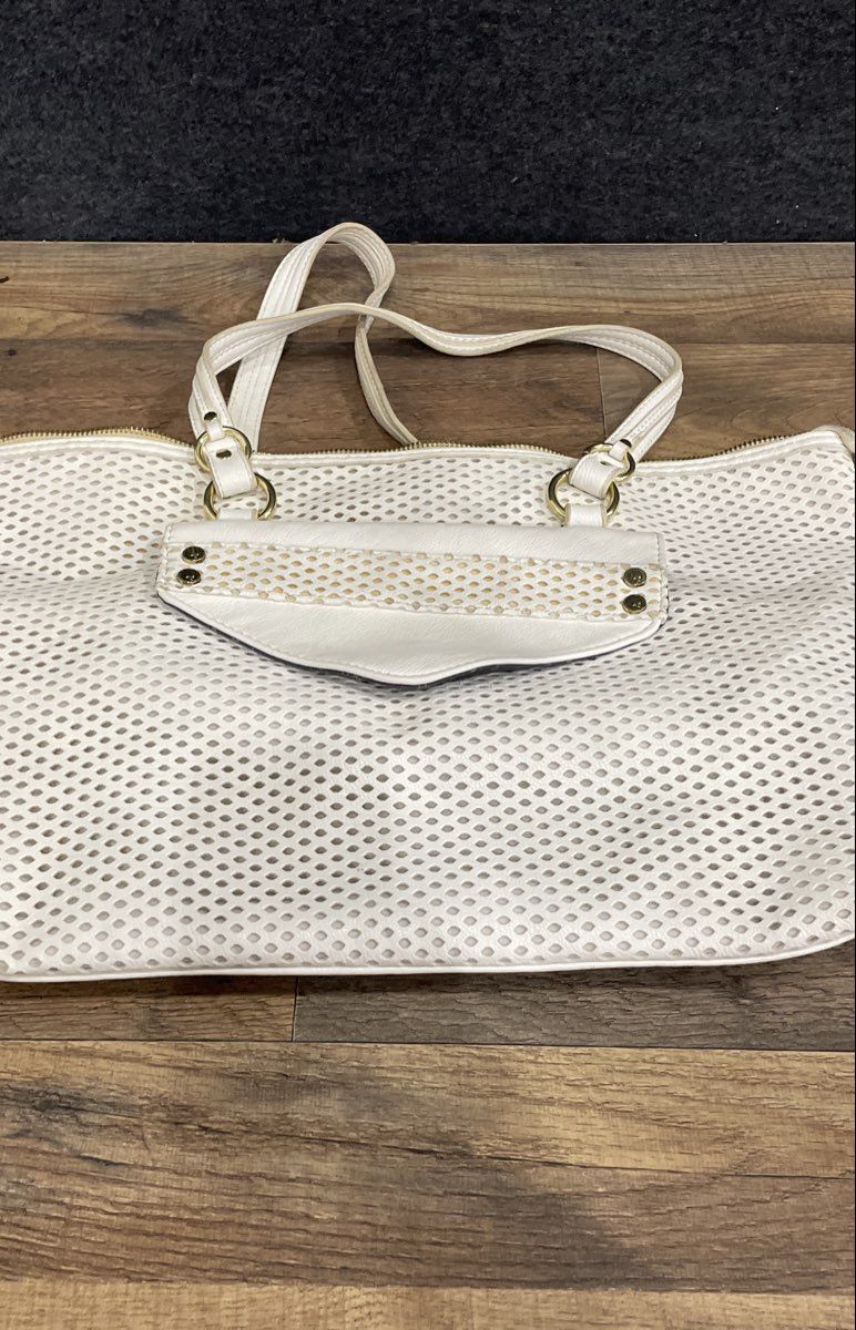 Olivia + Joy White Perforated Laser Cut Tote Shoulder Bag Gold Hardware