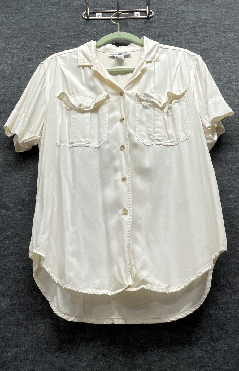 Vintage 90s White Stag Women's Cream Rayon Short Sleeve Utility Blouse Sz M