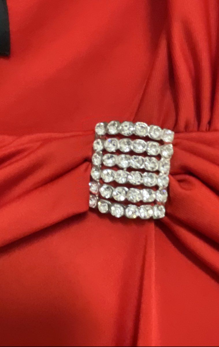 Ashro Women's Red Ruched Cowl Neck Evening Dress Long Sleeve Rhinestone Pin Sz L