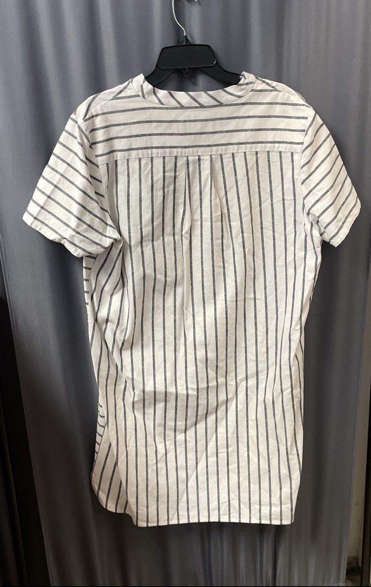 Land's End Women's Striped Cotton Linen V-Neck Short Sleeve Shift Dress Sz 16