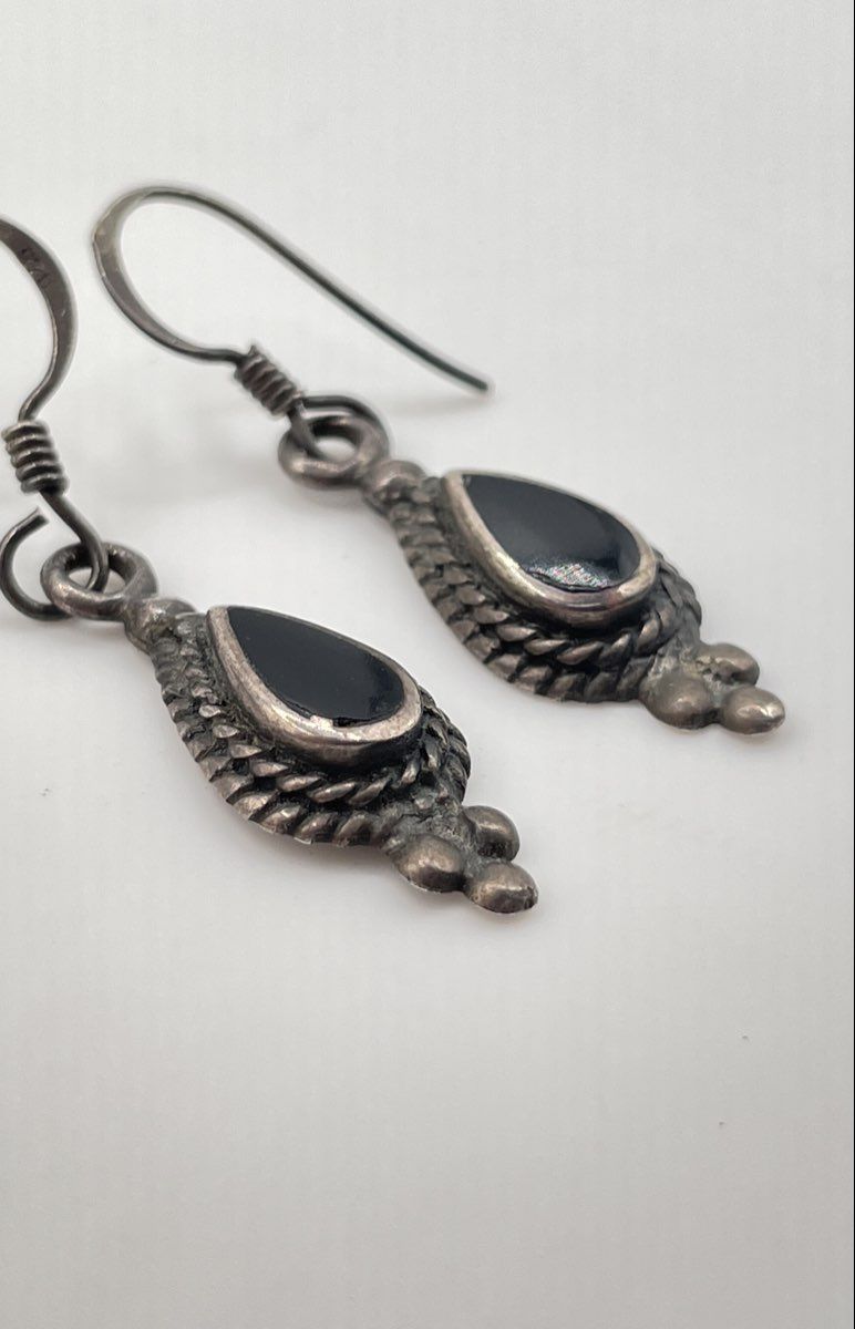 Marsala 925 Sterling Silver Black Onyx Teardrop Rope Bezel Dangle Earrings 2.7g