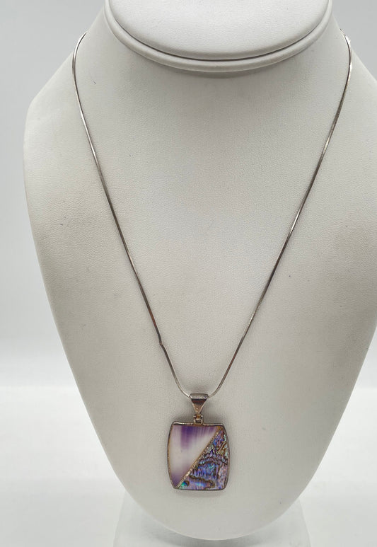 925 Sterling Silver Wampum & Abalone Shell Split Pendant Necklace 8.5g