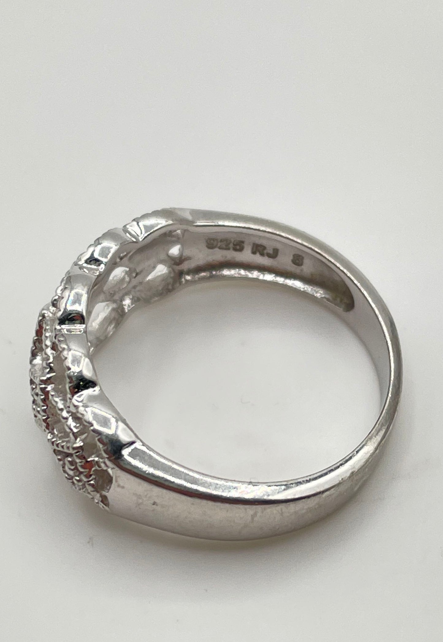 925 Sterling Silver Domed Basket Weave w/ Diamond Accents Ring 3.5g