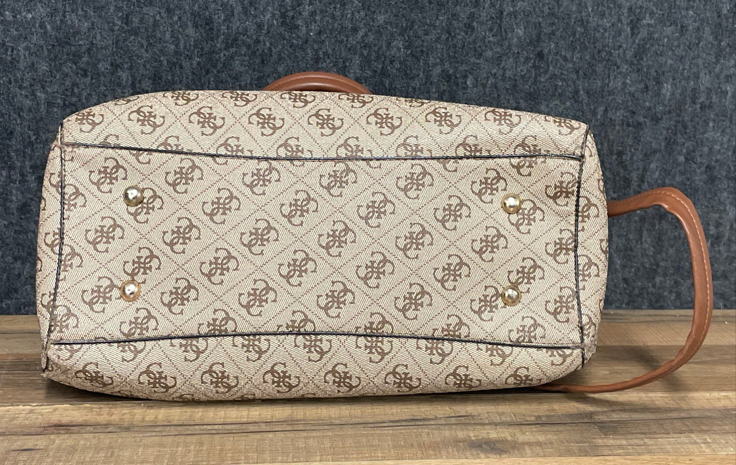Guess Beige Monogram Noelle Girlfriend Satchel Handbag Crossbody Gold Hardware