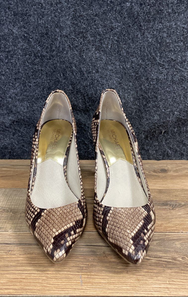 Michael Kors Flex Mid Pumps Snakeskin Embossed Leather Brown Size 7.5