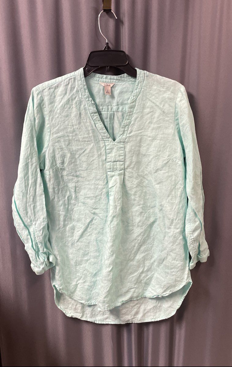 L.L.Bean Women's Aqua 100% Linen V-Neck High-Low Tunic Blouse Size S