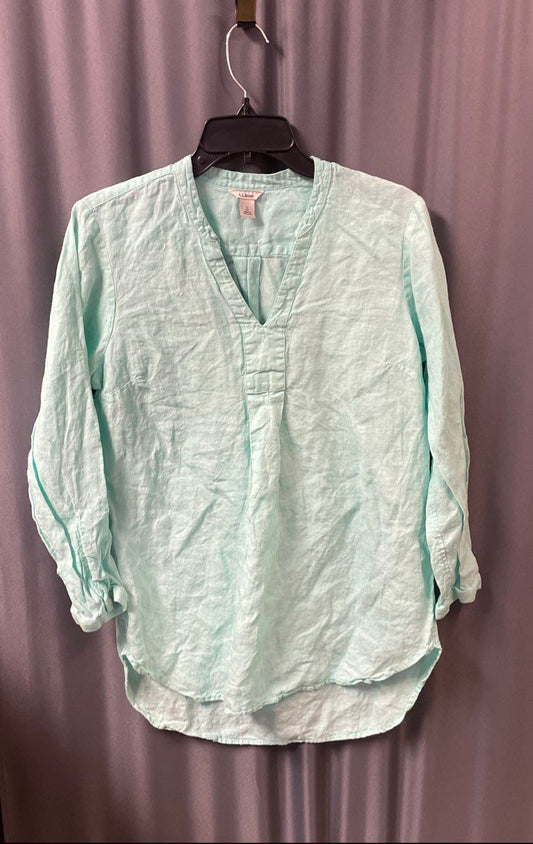 L.L.Bean Women's Aqua 100% Linen V-Neck High-Low Tunic Blouse Size S