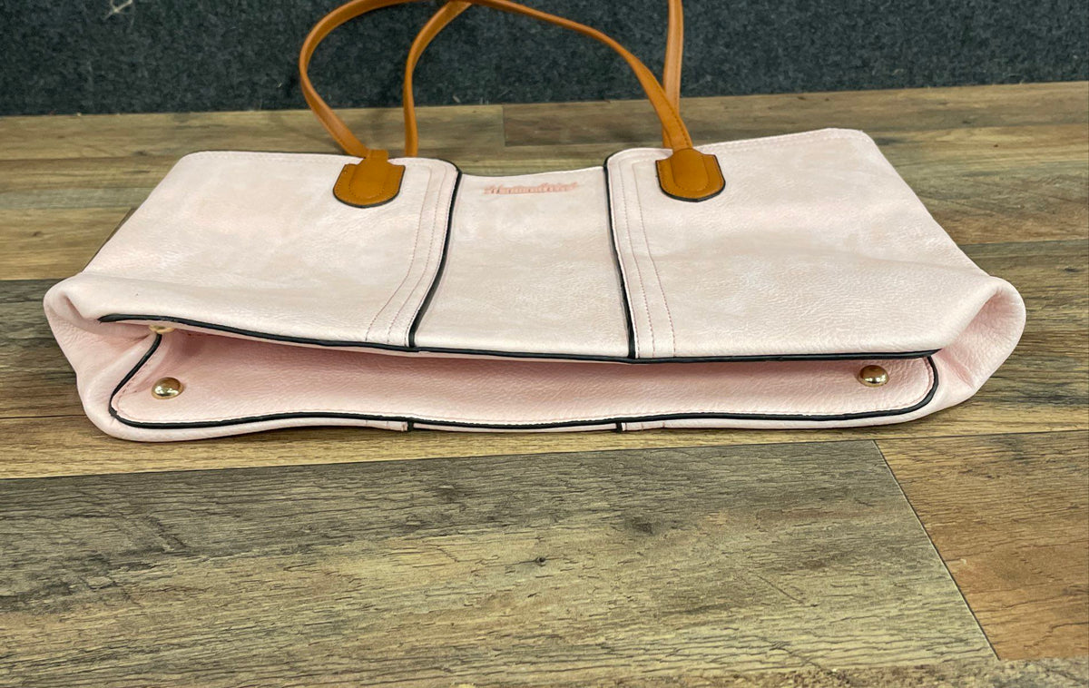 Montana West Pink Faux Leather Tote Bag Tan Double Straps Gold Tone Hardware