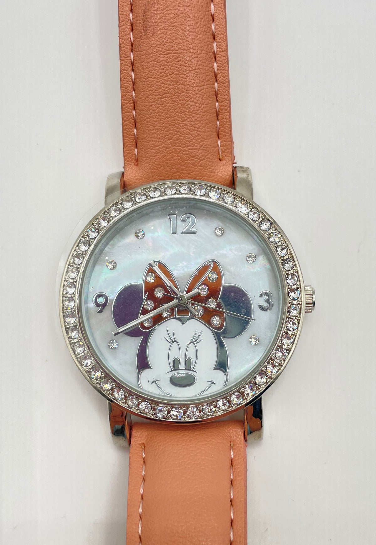 Disney Minnie Mouse Rhinestone Pink Leather Women's Watch In Box *Not Working*