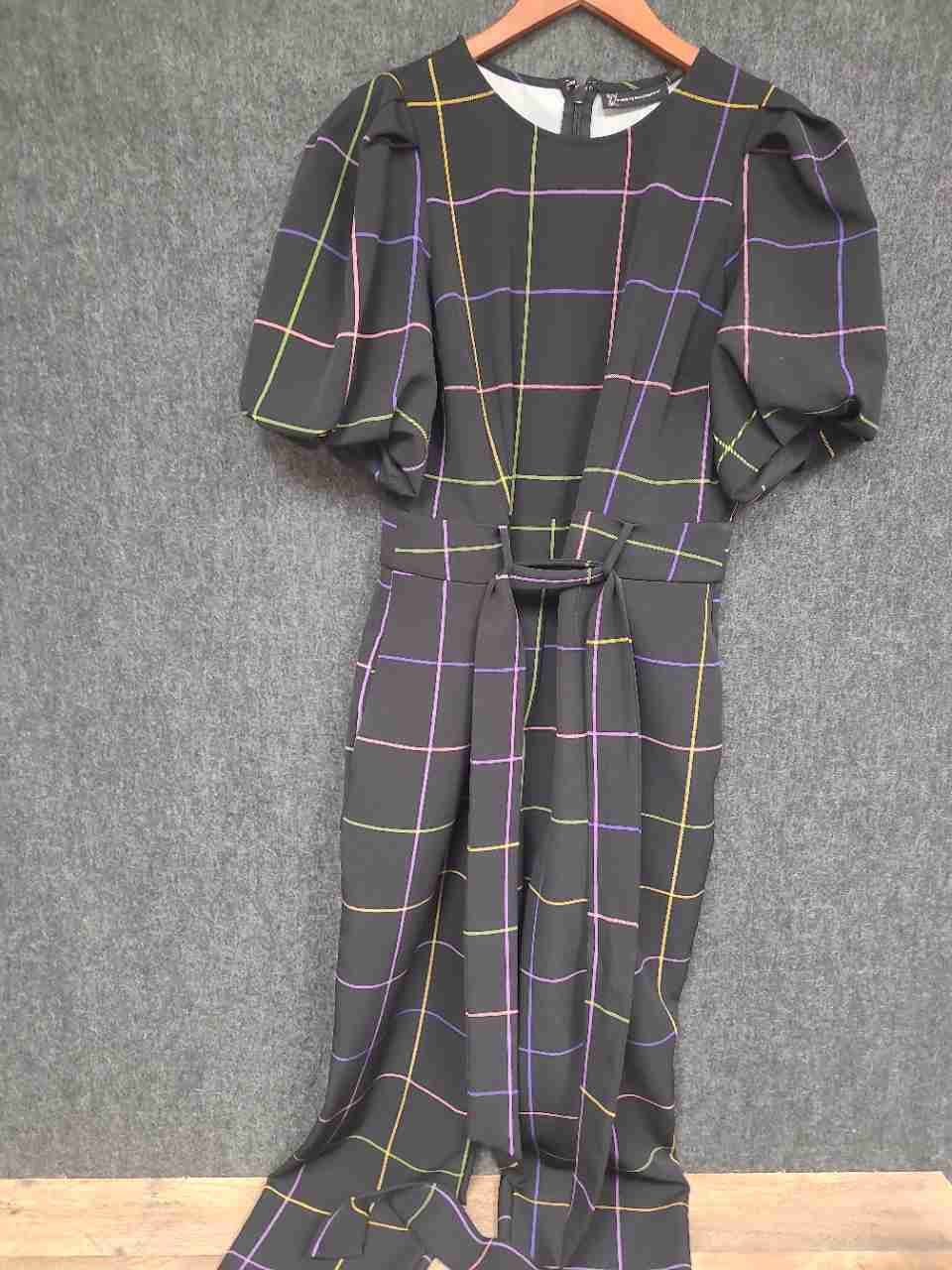 New York & Co Women's Black Multicolor Grid Plaid Puff Sleeve Jumpsuit Sz L