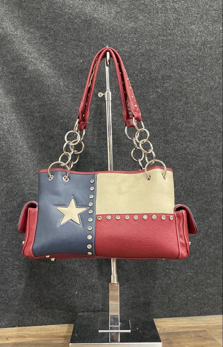 Texas Lone Star Red White Blue Leather Western Shoulder Bag Rhinestone Satchel