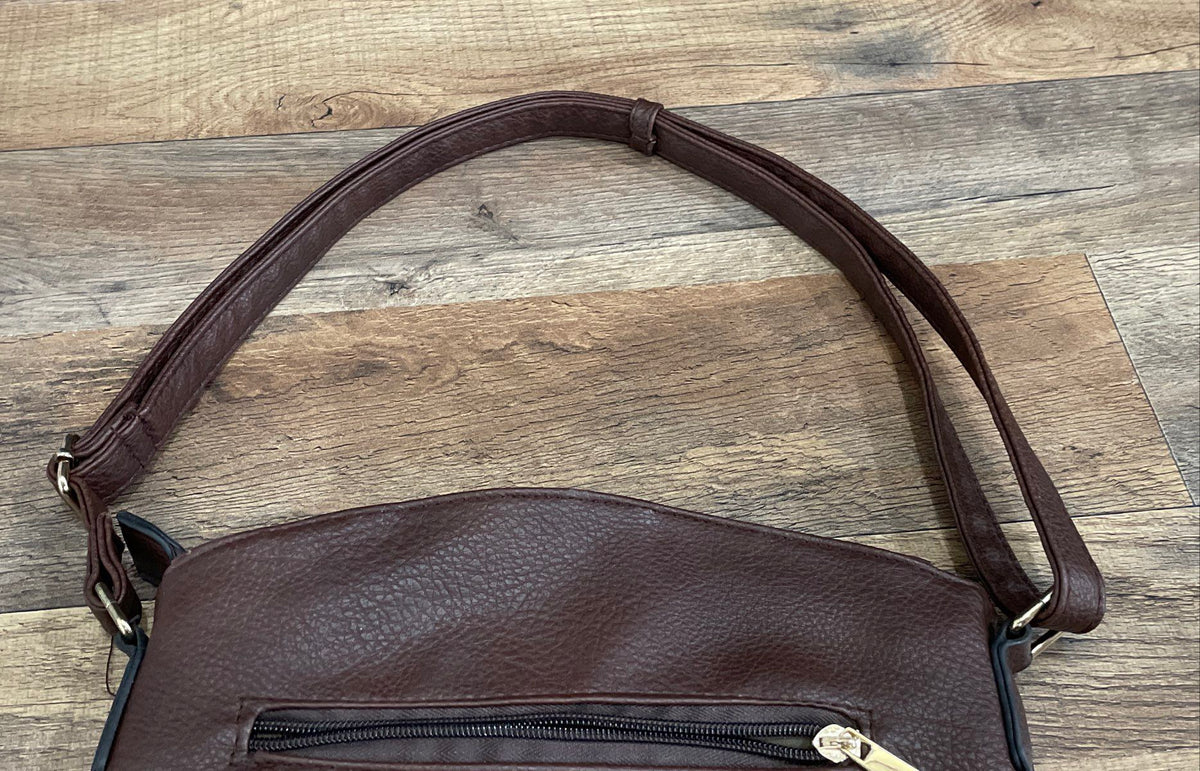 Unbranded Brown Pebbled Leather Multi-Zip Crossbody Shoulder Bag Gold Hardware