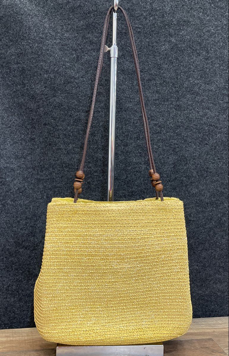 Unbranded Yellow 2000s Woven Straw Style Shoulder Bag Wooden Bead Tote
