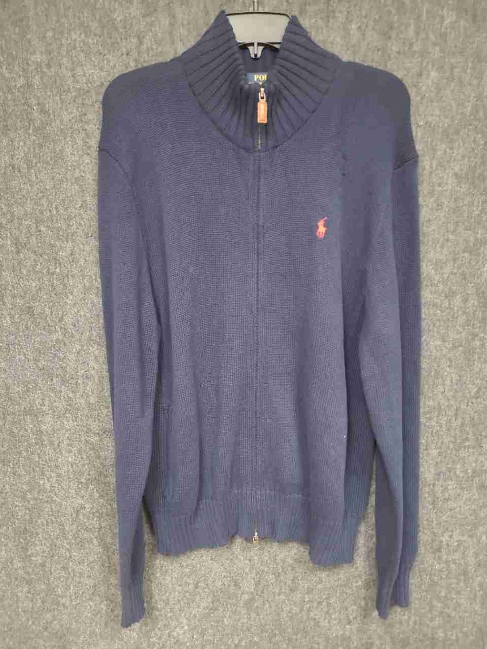 Polo Ralph Lauren Men's Navy Blue Full Zip Mock Neck Cotton Knit Sweater Sz L