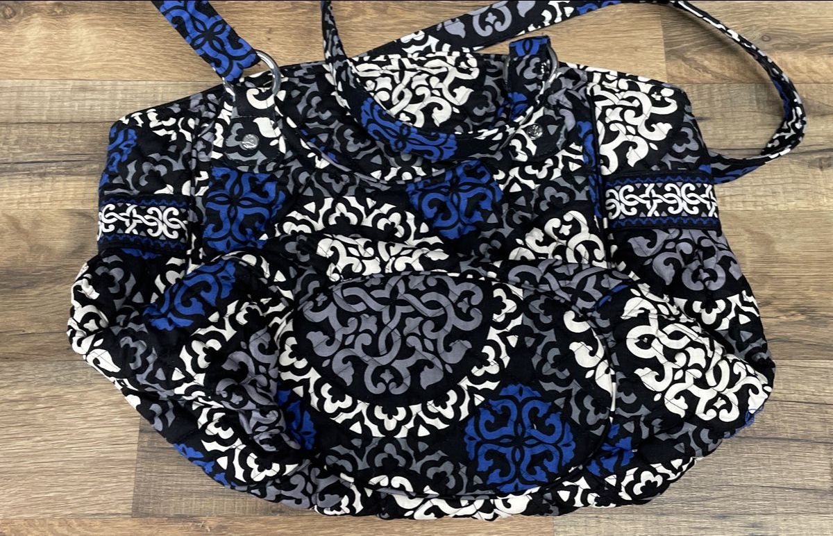 Vera Bradley Go Wild Medallion Quilted Black Blue Large Tote Bag