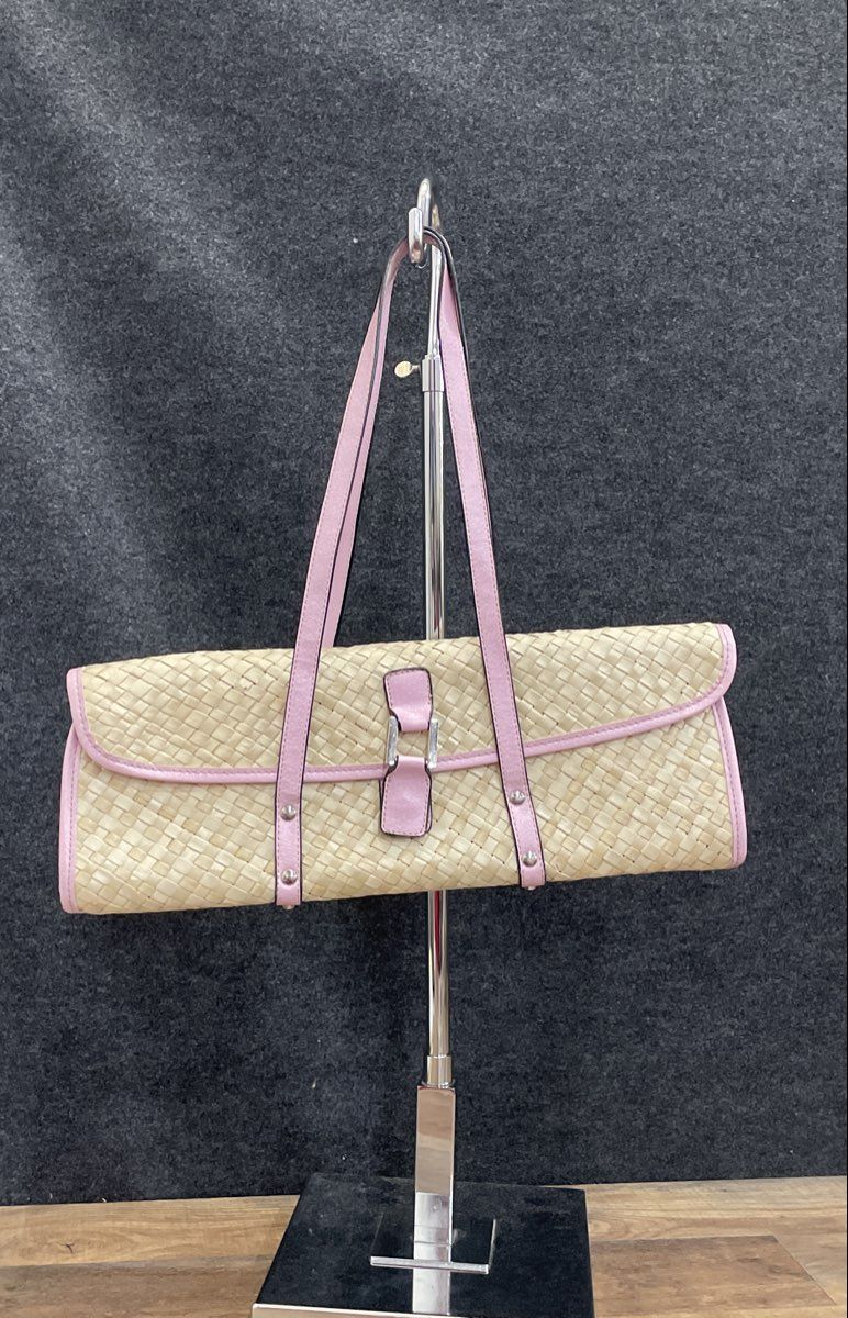 Apt. 9 Women's Pink Beige Woven Straw Shoulder Purse Bag Polka Dot Lining