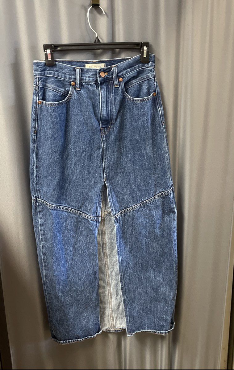 Madewell Women's Blue Denim Maxi Skirt Front Slit Paneled Size 25