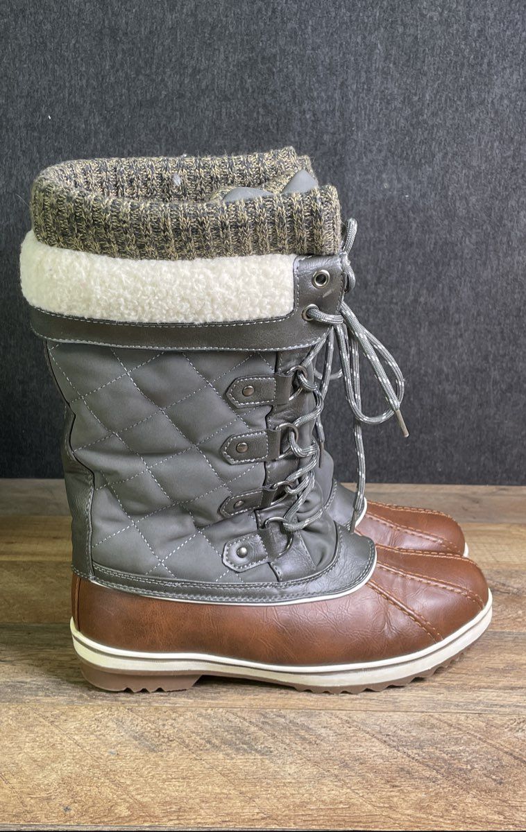 Dream Pairs Women's Faux Fur Quilted Lace Up Snow Boots Grey Brown Size 10