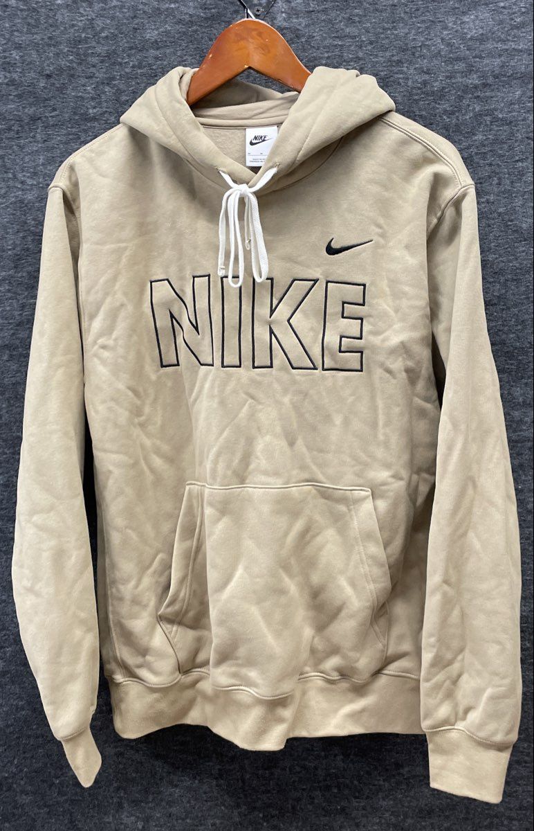 Nike Men's Beige Khaki Block Lettering Pullover Hoodie Sweatshirt Sz M